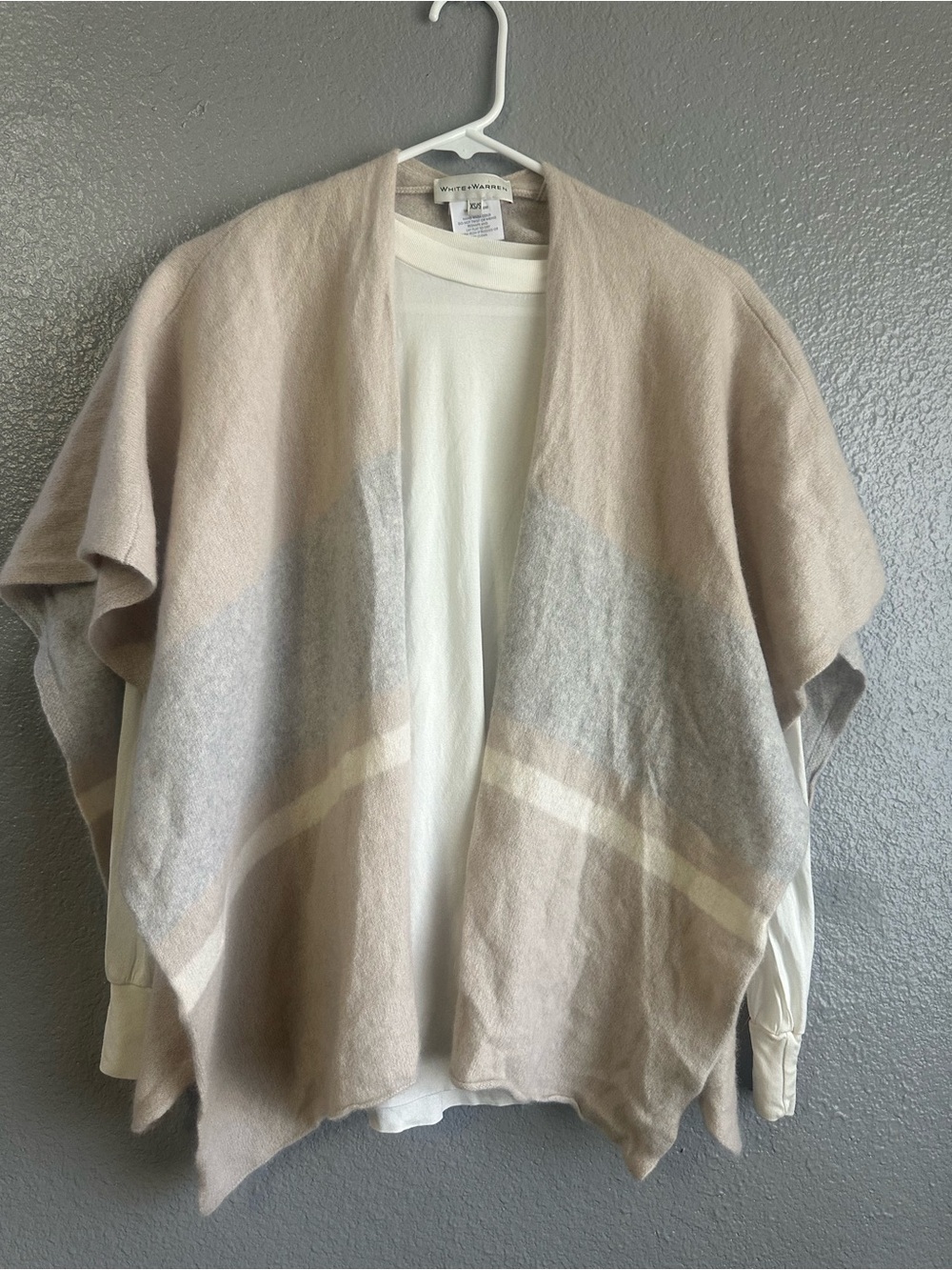 White + Warren Beige and Gray Open-Front Cashmere Poncho